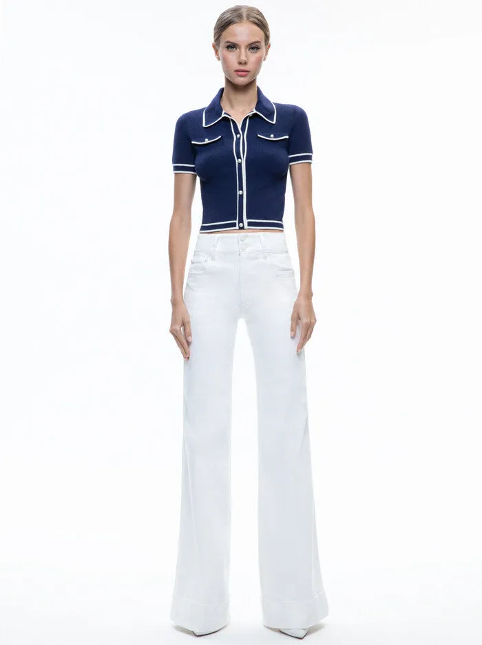 Alice   Olivia - Marlena Button Front Polo - Indigo/Ecru