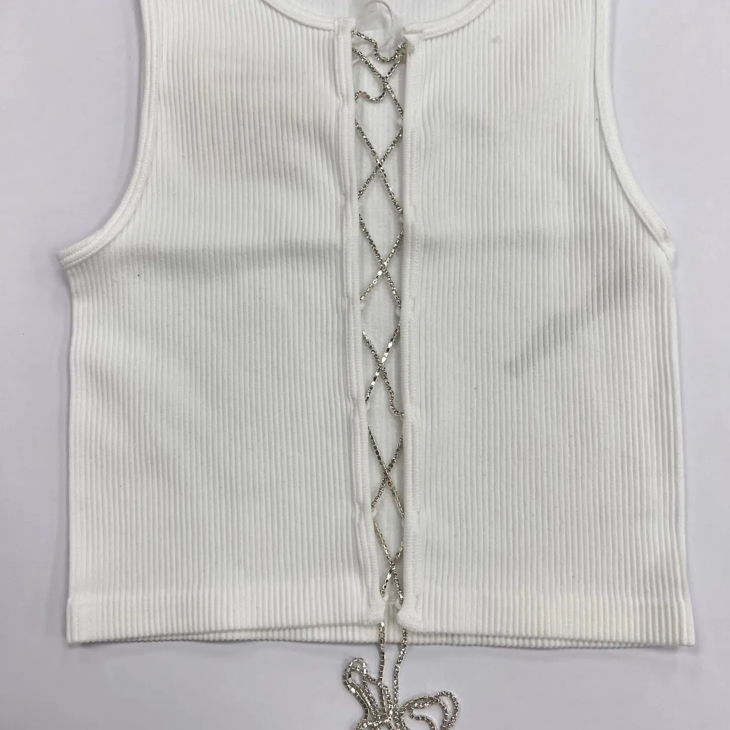 Criss Cross Rinestones Lace Up Seamless Tank Top