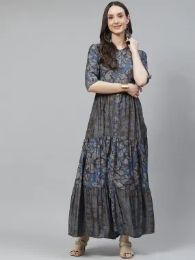 Divena Blue Muslin Tiered with Gathered Kurta with Front Slits