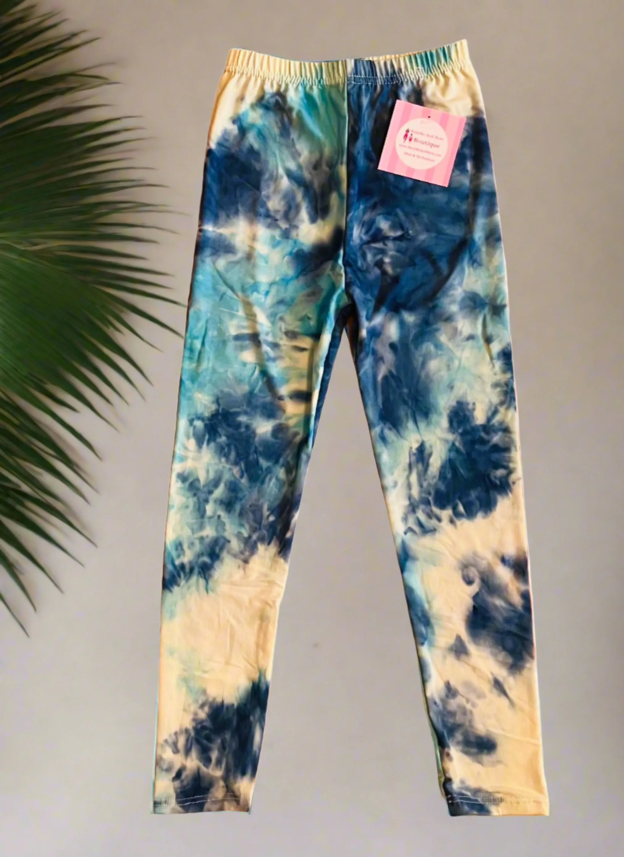 Girls Tie-Dye Leggings, Kids Yoga Pants, Sizes S/L, No-Roll Waist, Blue