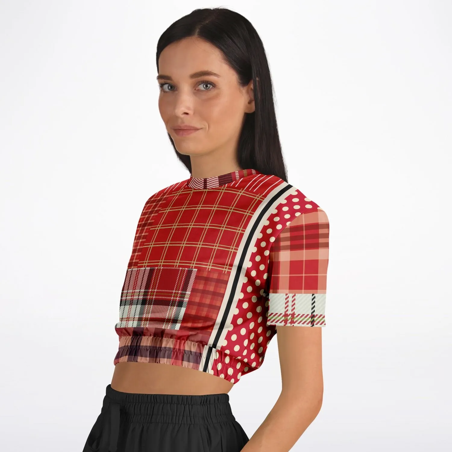 Jersey Salsa Plaid Patchwork Short Sleeve Cropped Eco-Poly Sweater