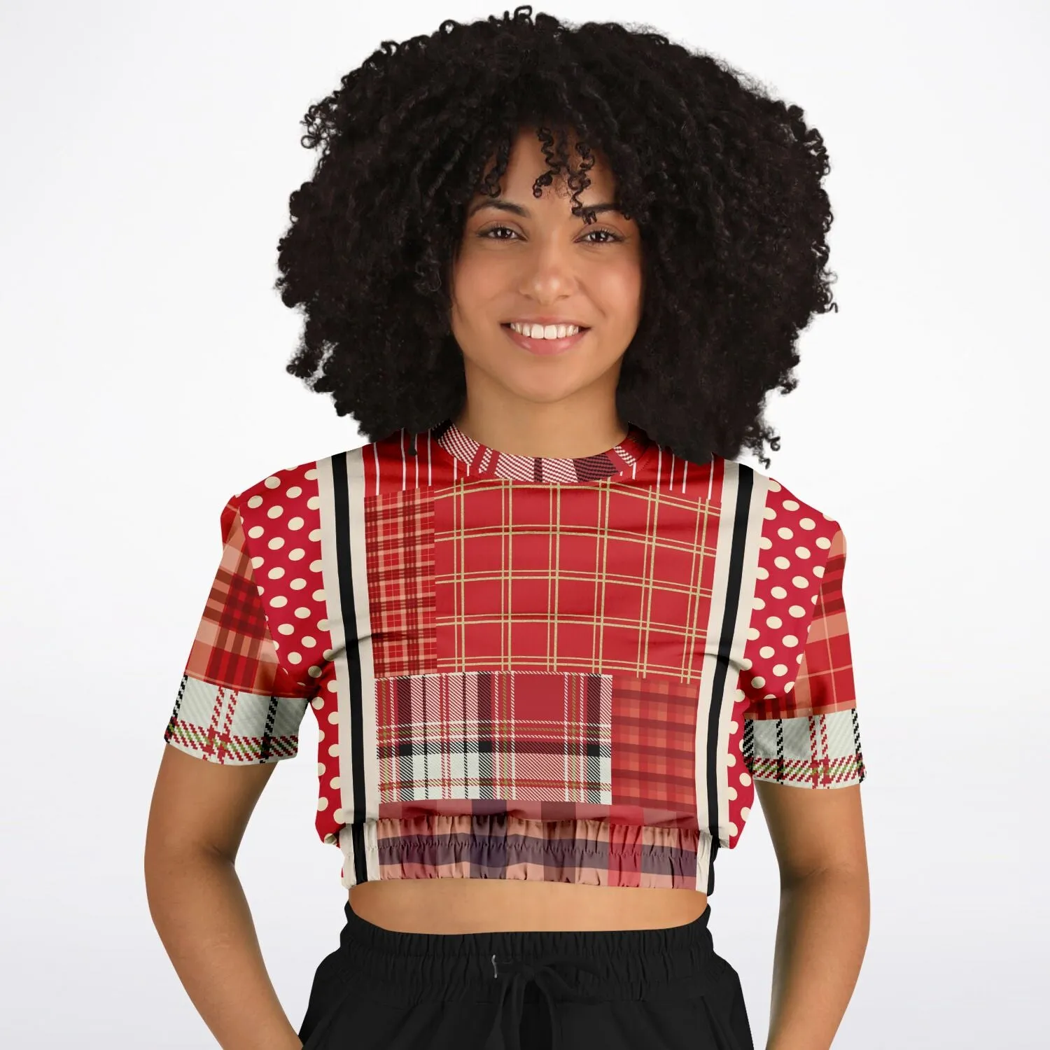 Jersey Salsa Plaid Patchwork Short Sleeve Cropped Eco-Poly Sweater