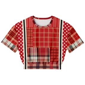 Jersey Salsa Plaid Patchwork Short Sleeve Cropped Eco-Poly Sweater