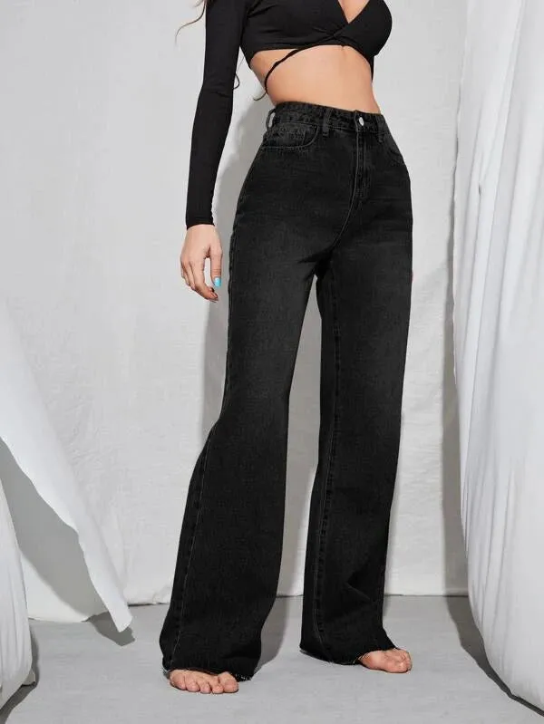 Moonlight Black Raw Hem Wide Leg Jeans