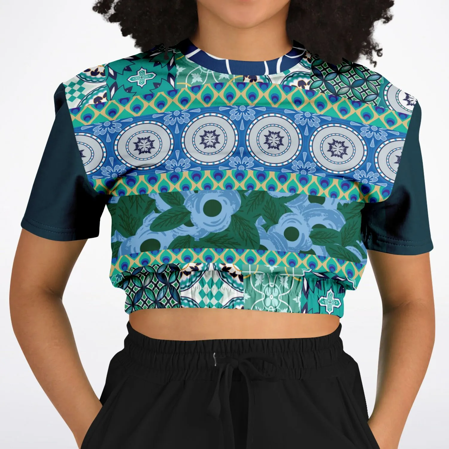 Mykonos Floral Patchwork Short Sleeve Cropped Eco-Poly Sweater