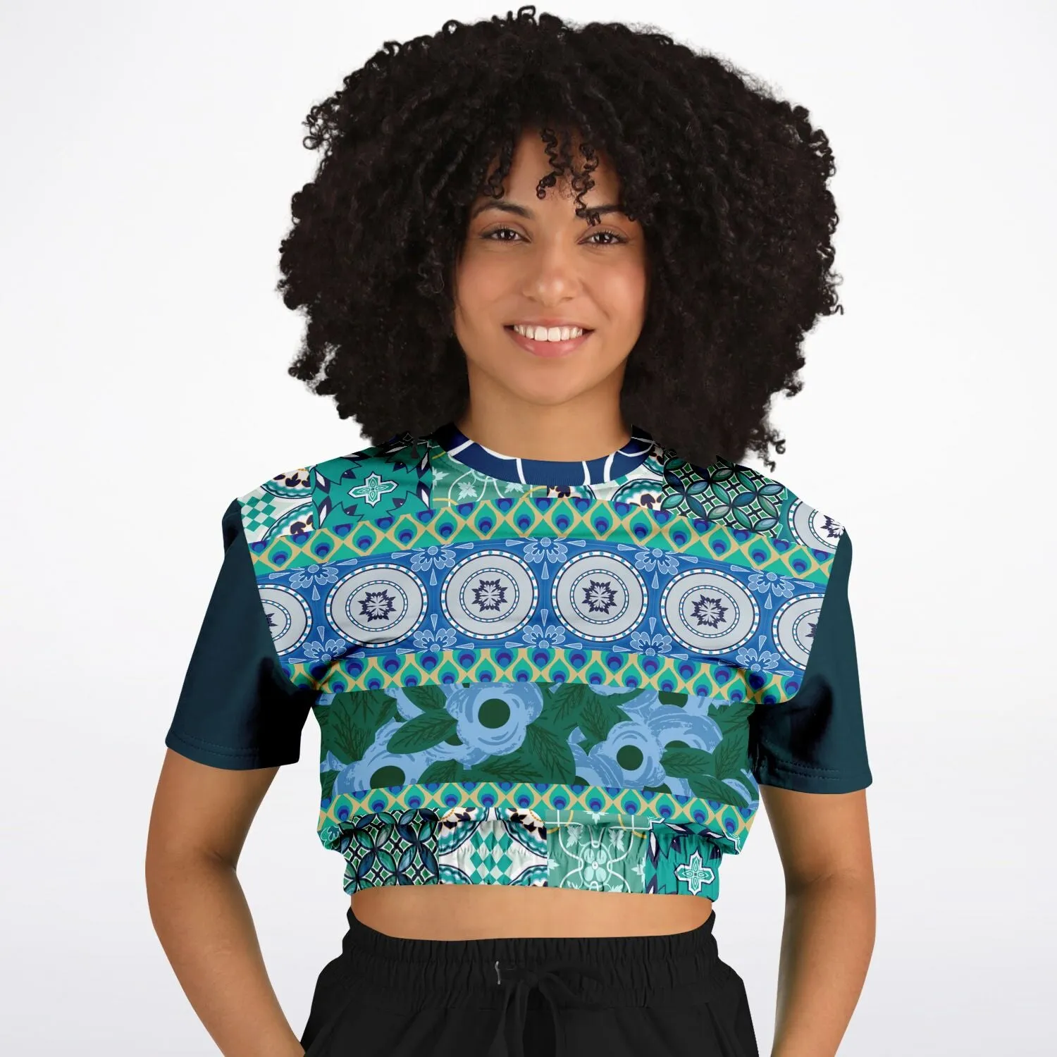 Mykonos Floral Patchwork Short Sleeve Cropped Eco-Poly Sweater