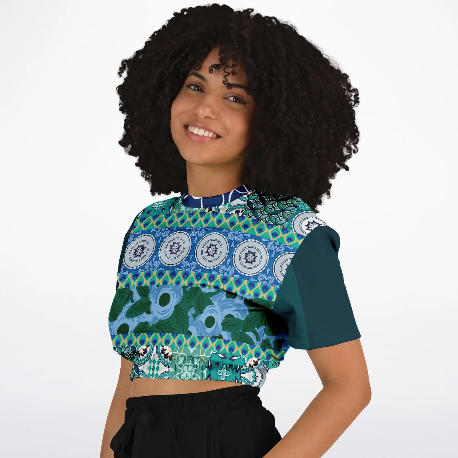 Mykonos Floral Patchwork Short Sleeve Cropped Eco-Poly Sweater