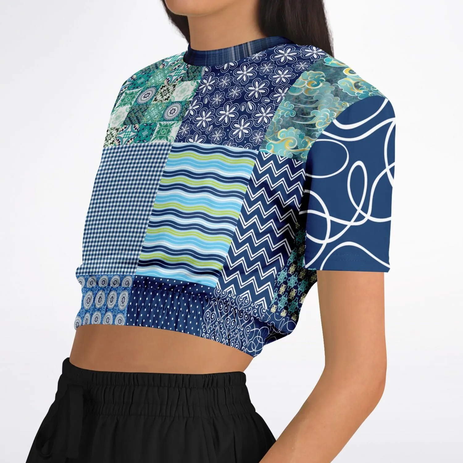 Mykonos Patchwork Print Short Sleeve Cropped Eco-Poly Sweater