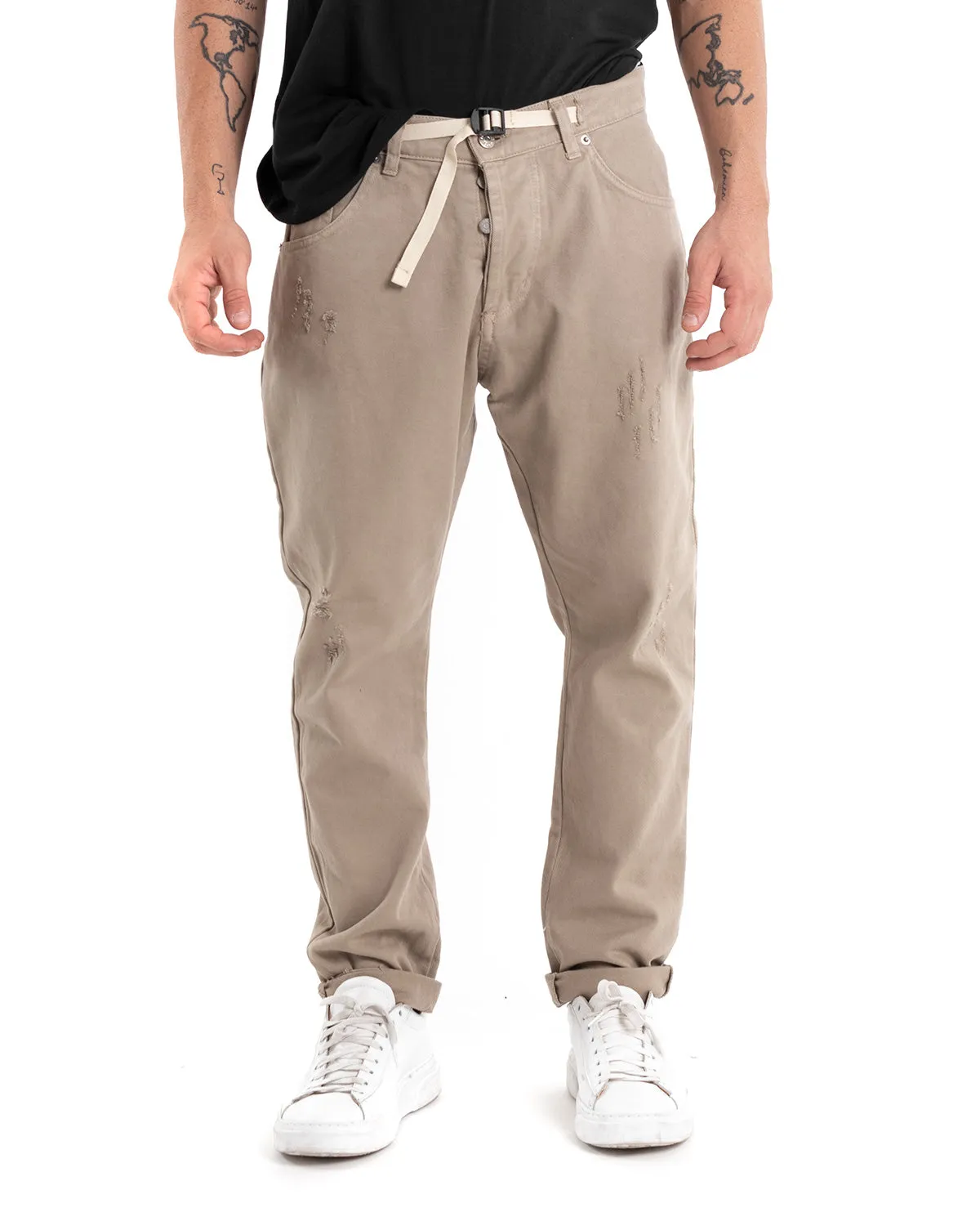 Pantaloni Jeans Con Rotture Uomo Loose Fit Beige Cinque Tasche Casual GIOSAL-P5461A