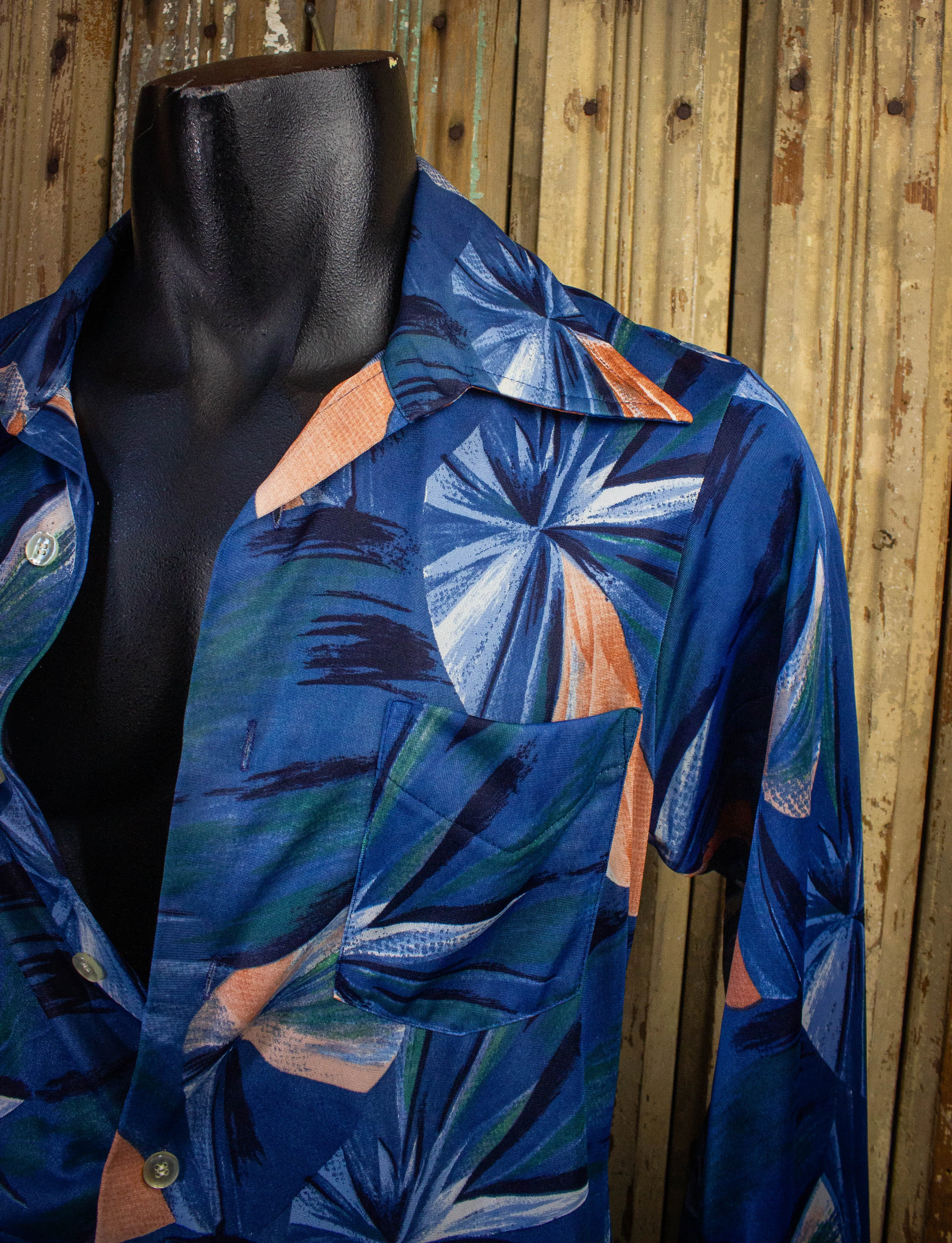 Vintage Floral Disco Button Up Shirt 70s Blue/Pink Medium