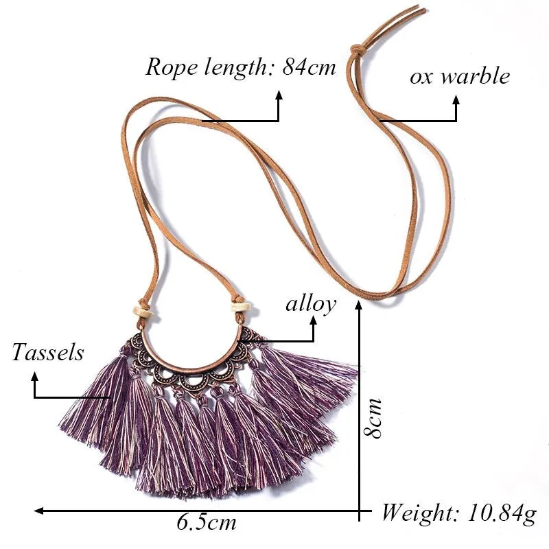 Vintage Leather Rope Boho Ethnic Tassel Pendant Necklace