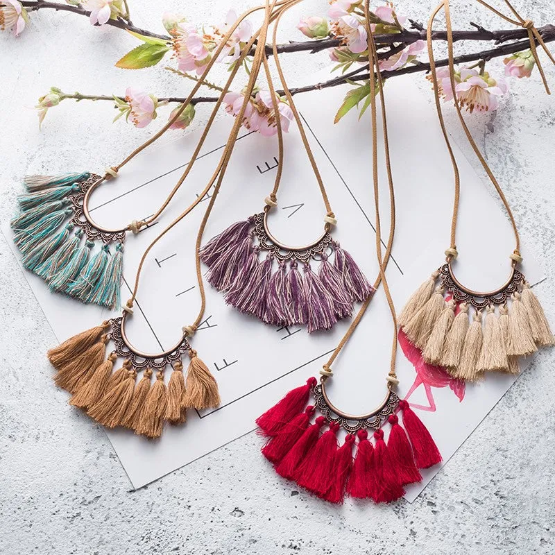 Vintage Leather Rope Boho Ethnic Tassel Pendant Necklace