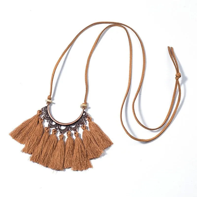 Vintage Leather Rope Boho Ethnic Tassel Pendant Necklace