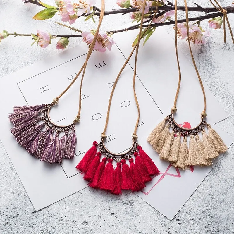 Vintage Leather Rope Boho Ethnic Tassel Pendant Necklace