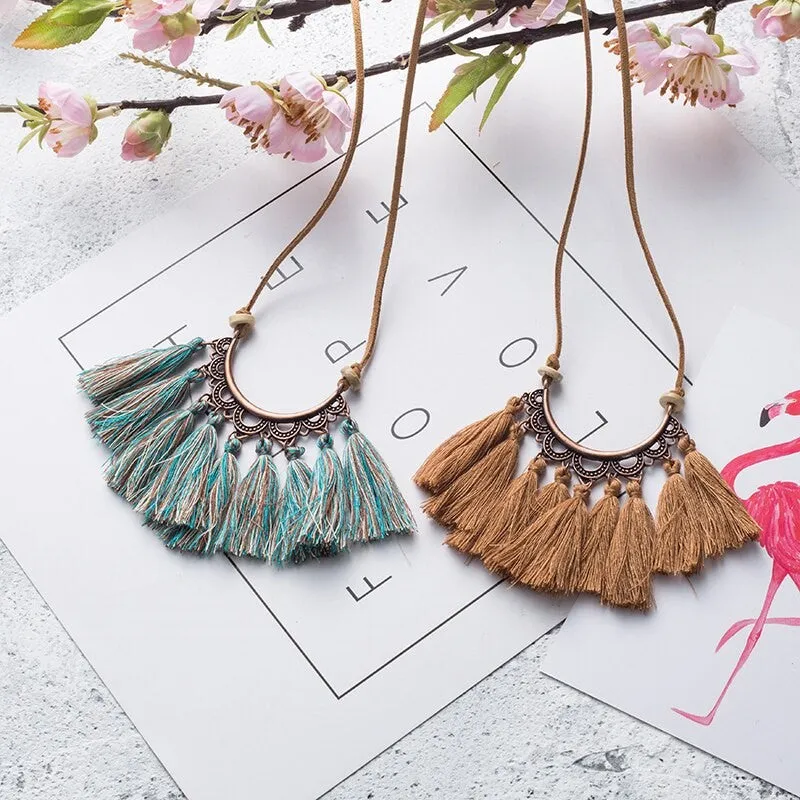 Vintage Leather Rope Boho Ethnic Tassel Pendant Necklace