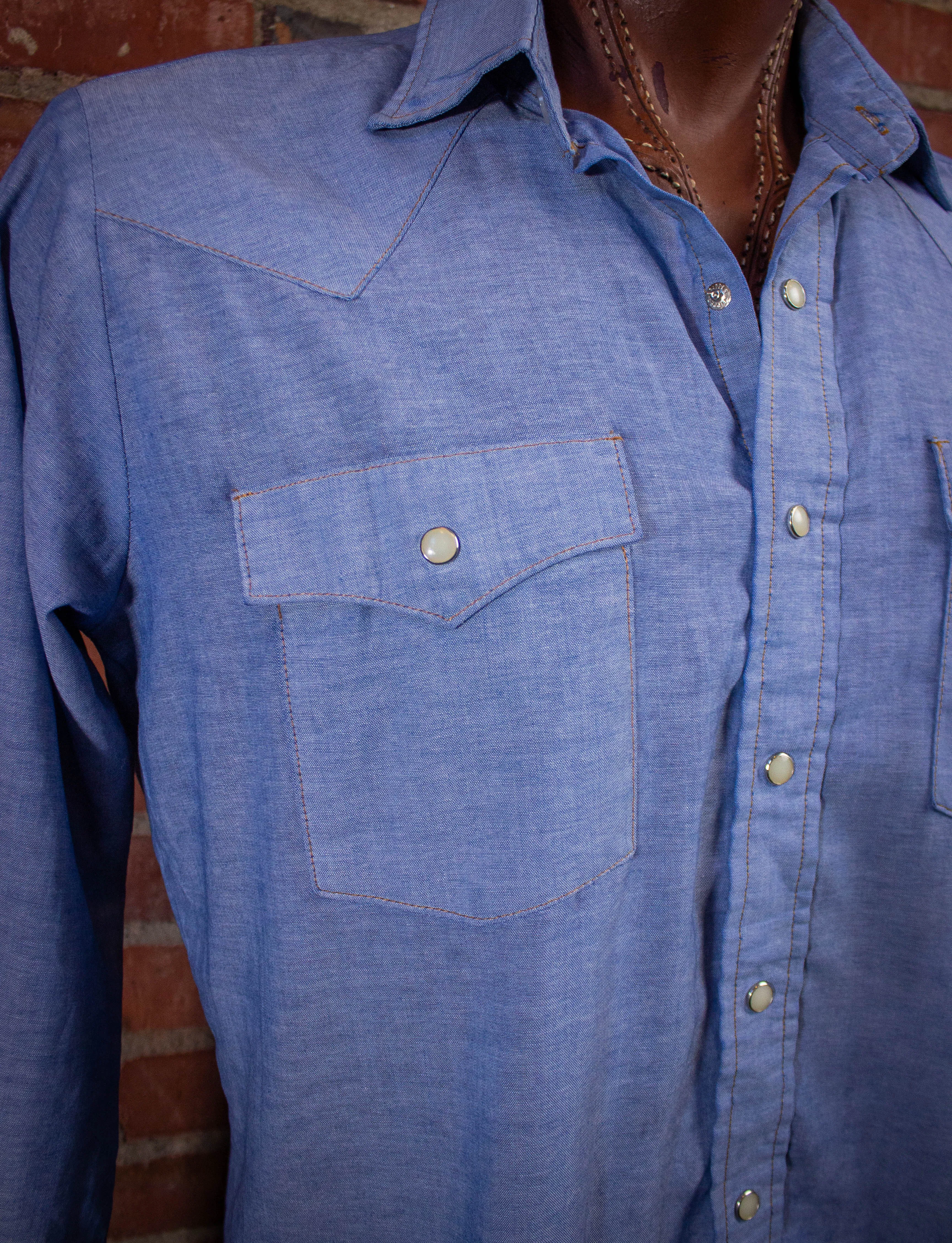 Vintage Saddle King Pearl Snap Western Chambray Shirt Blue XL