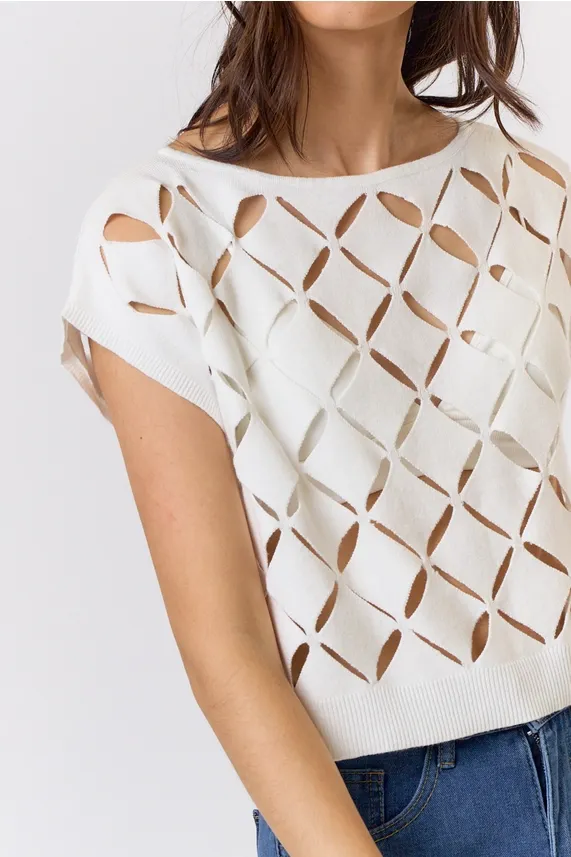 White Cutout Detail Knit Off Shoulder Top