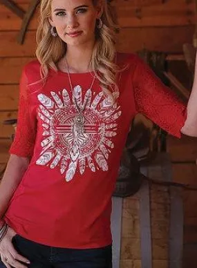 Women's Cruel Girl Foy Red Lace Sleeve Tee Shirt