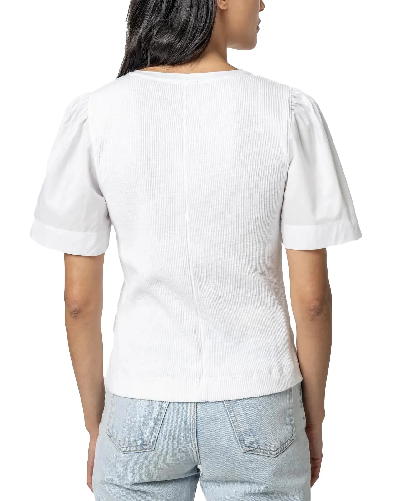 Woven Sleeve Split Neck Top (White)